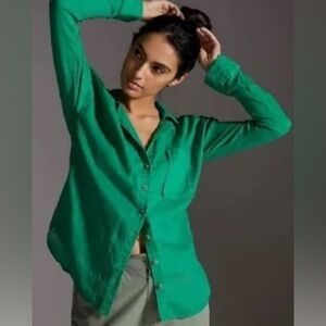Maeve Long Sleeve Kelly Green Button-Down Linen Shirt Oversized Size S